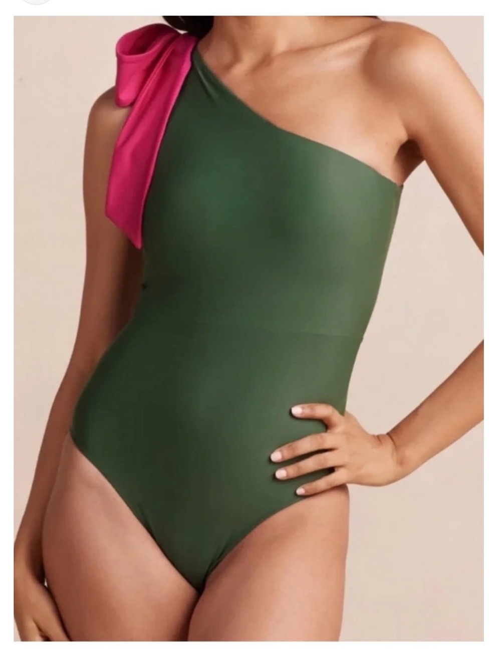 summersalt One-Shoulder One-Piece Swimsuit in Olive Green with Pink Bow